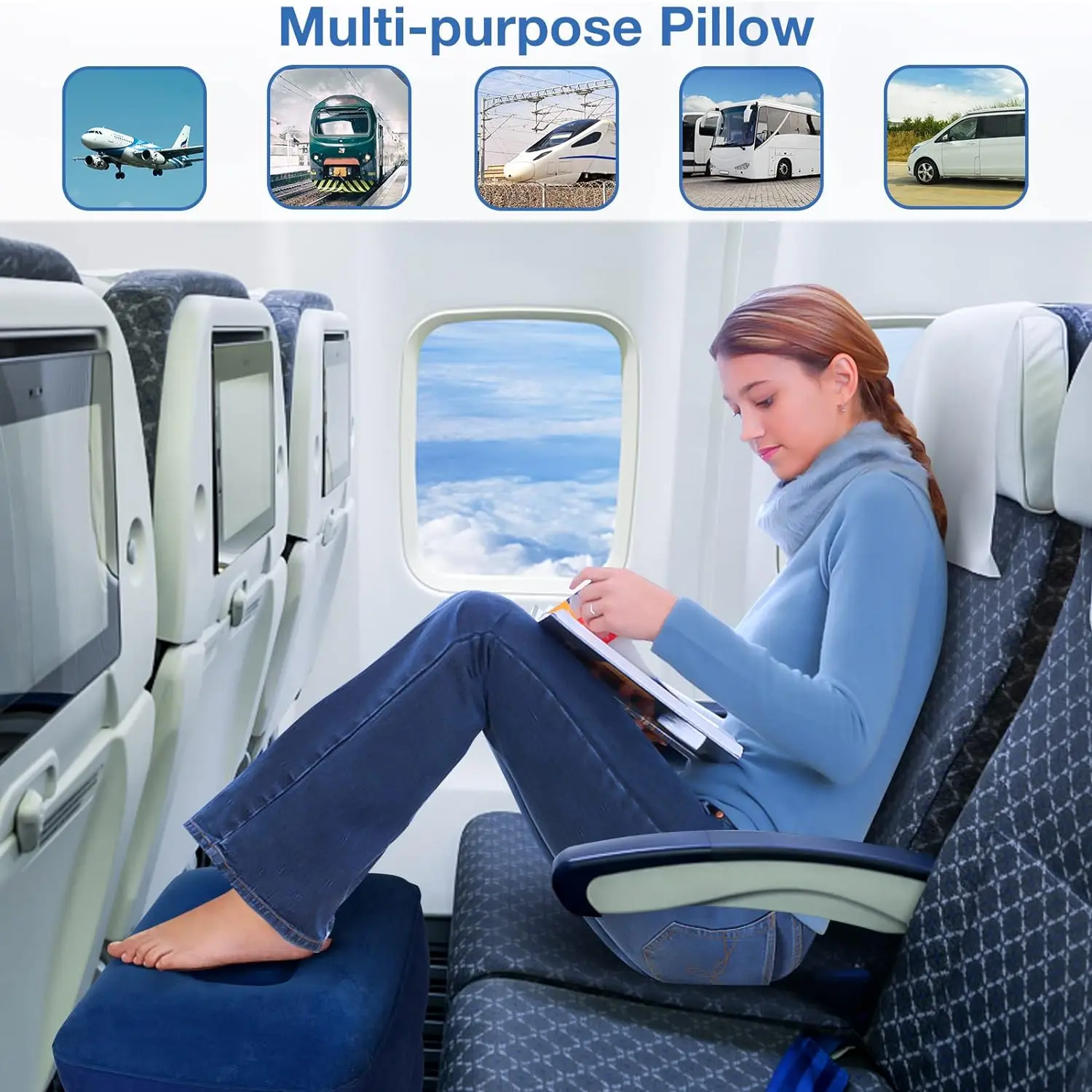Airplane Foot Rest Travel Foot Rest Pillow Inflatable Travel Foot Rest for Airplanes Adjustable Height 3-Layer Ergonomic Folding 5