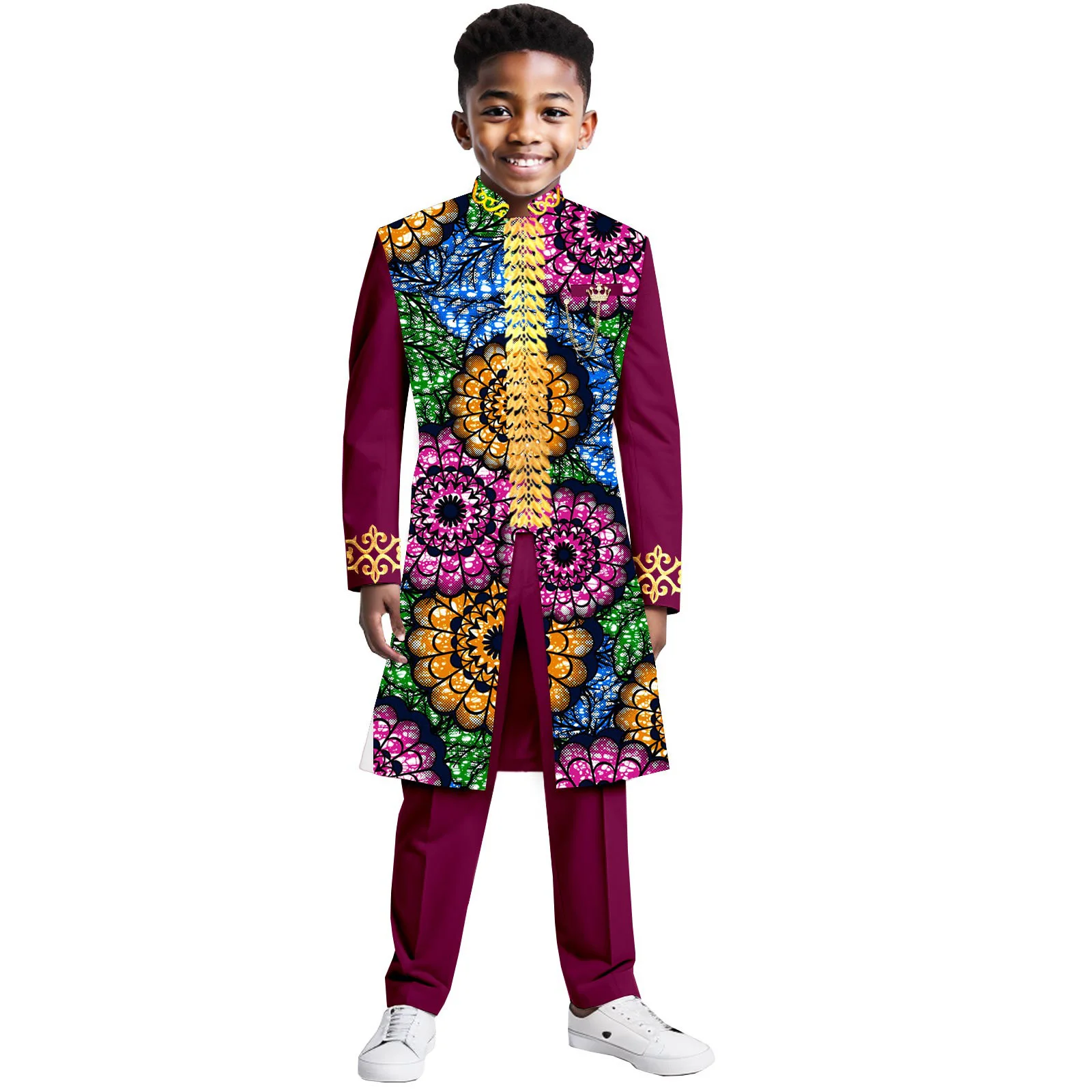 

New African Tradition Clothes For Kids Boys White Long Sleeve Tops Embroidery Dashiki Robe Shirt Pant Child Set Wedding Tuxedo