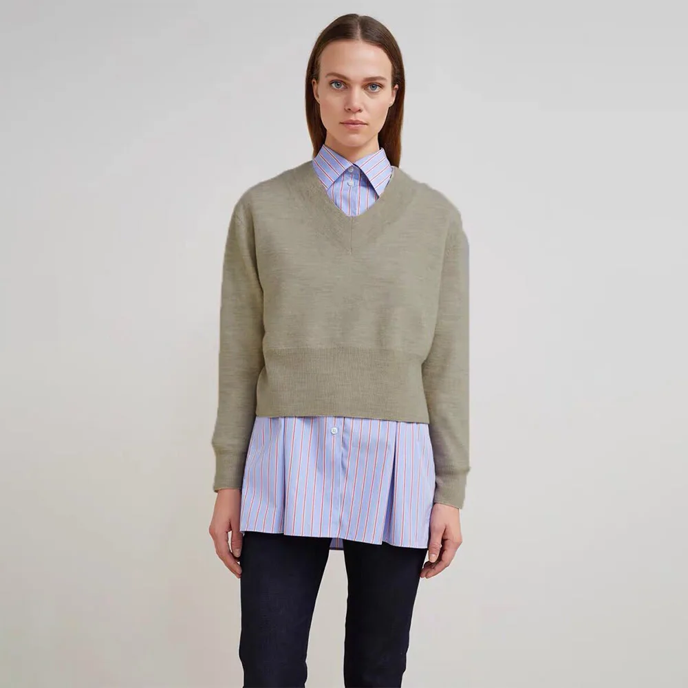 

Женский Короткий трикотажный пуловер T @ teme, повседневный трикотажный свитер с V-образным вырезом, Осень-зима 2023