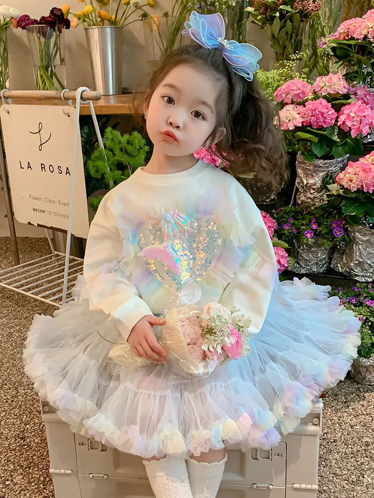 여자를위한 공주 스커트 봄 가을 새로운 스타일 어린이 하프 스커트  푹신한 스..