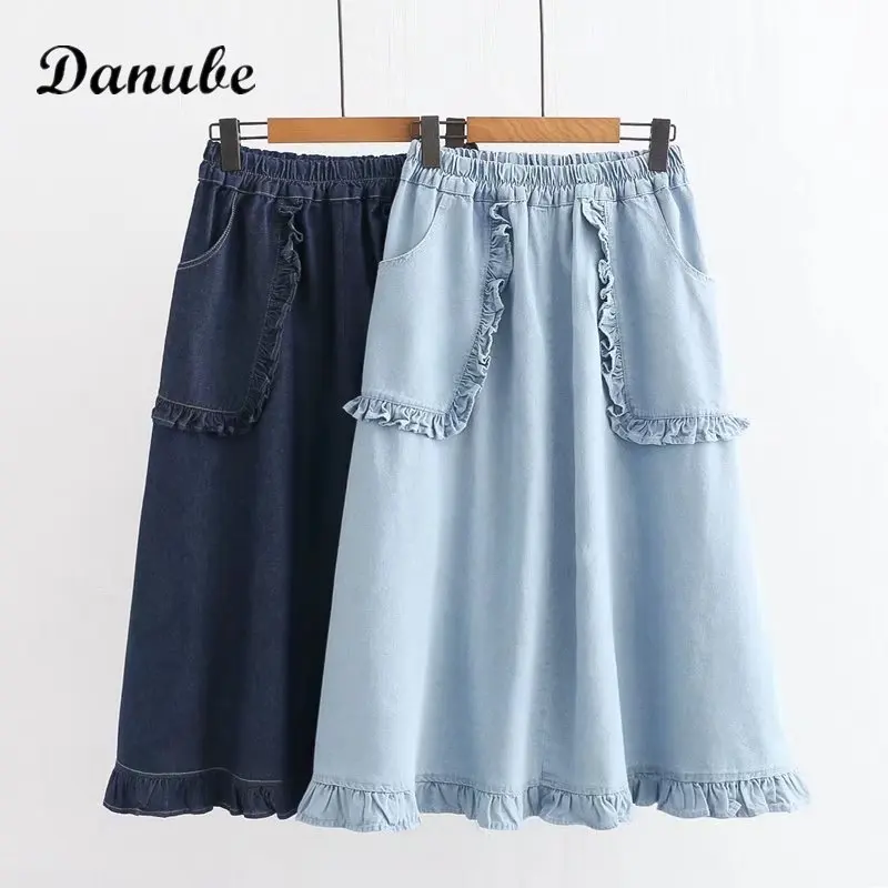 

Vintage Blue Ruffles Denim Skirt Women's Japanese Autumn Mori Girl High Waist Kawaii Jeans Skirts Casual Pocket A-line Skirts