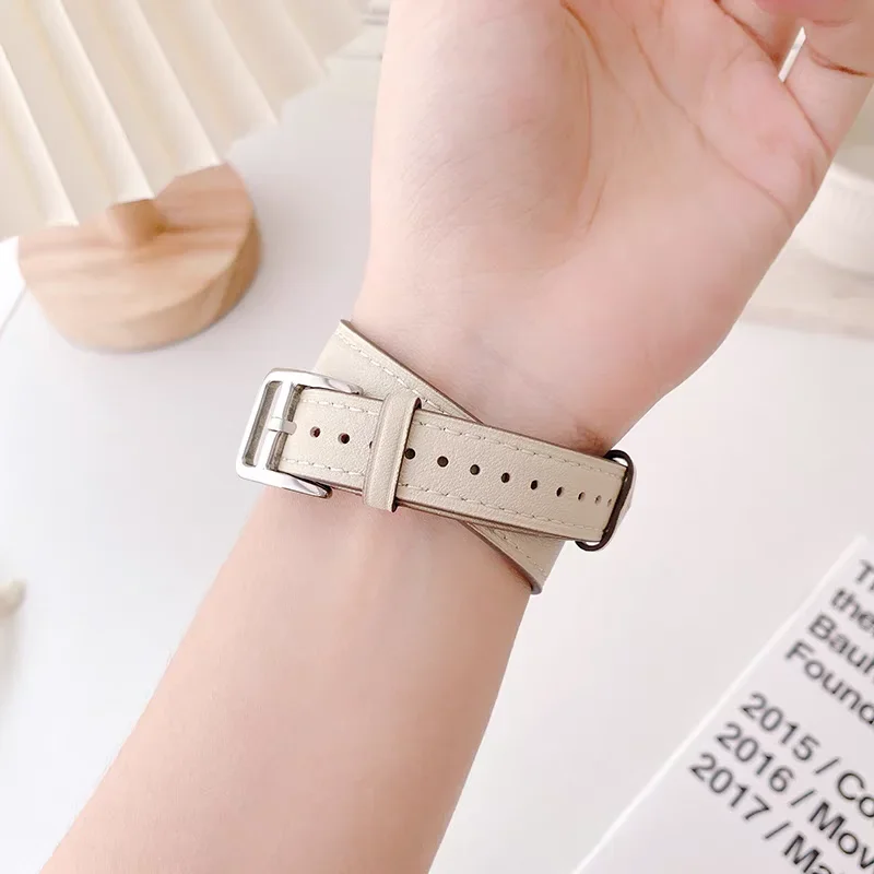 Luxury Double-Loop Leather Watch Strap Bracelet