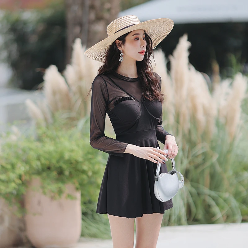 

Korean Long Sleeve One-Piece Swimsuit Skirt Women Solid Black Sling With Cover Up Swimwear Monokini High Neck Bathing Suit