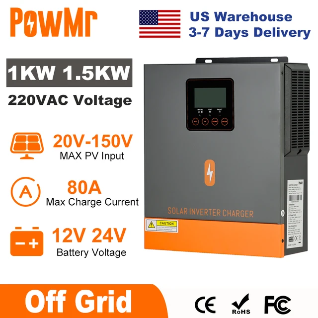 PowMr 1000W 1500W HYBRID SOLAR INVERTER 12V 24V 220V Off Grid PURE Sine WAVE อินเวอร์เตอร์ DUAL OUTPUT MPPT 80A Solar Charger 1