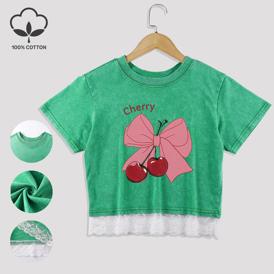 Bow Cherry Cartoon Printing Cotton Crop Tops Trend Summer Lace Hem Washed T-Shirts O-Neck Distressed Short Sleeve Casual Clothes