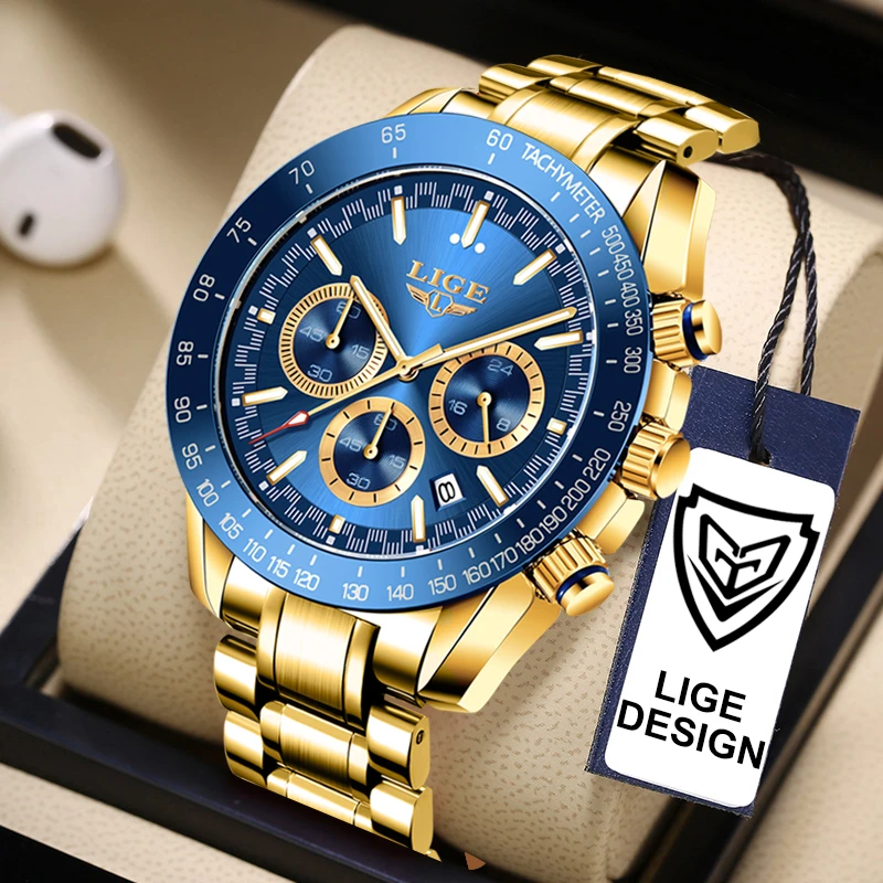 LIGE Watch for Men TOP Brand Luminous Sports Stainless Steel Chronograph Mens Watches 2022 Luxury Golden Quartz Wristwatches+Box