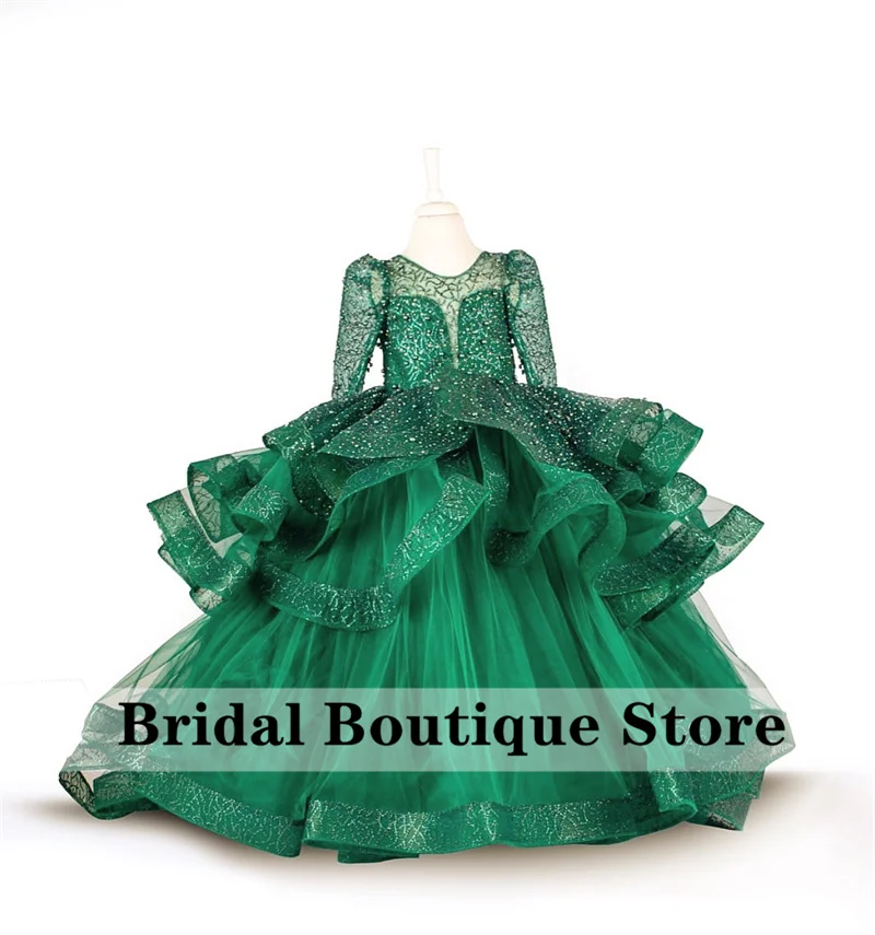 

Cute Green Flower Girls Dress Pleats Ruffle Tulle Ball Gowns Appliques Pearls Beads Long Sleeves Child Dress For Wedding Vestido