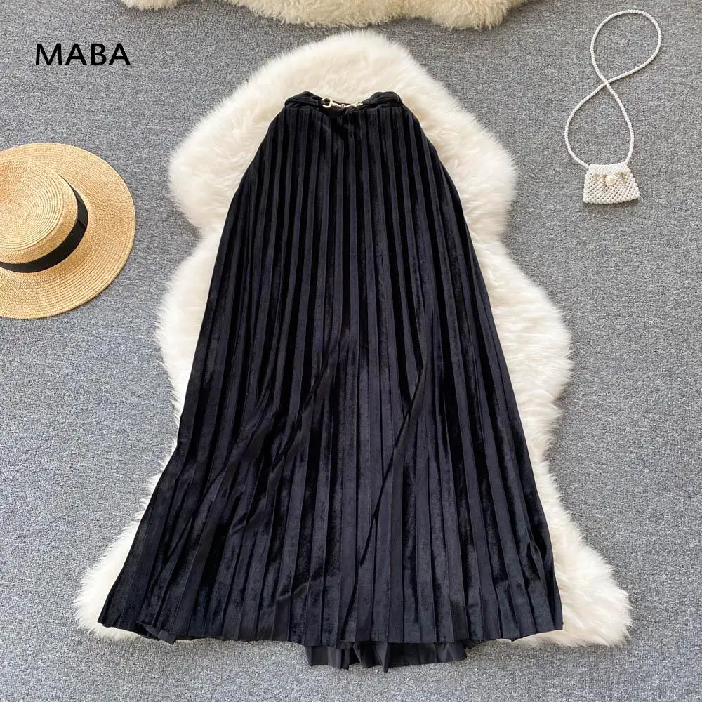 Весенняя женская черная бархатная плиссированная длинная юбка новинка 2022