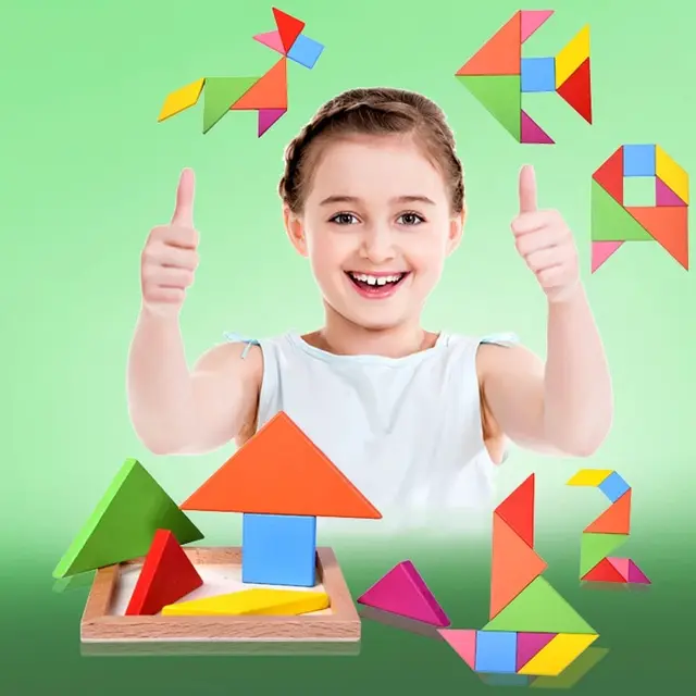 Wooden Tangram Puzzles For Kids With 7 Colored Pieces,Educational Brain Teaser Learning Toy For Boys And Girls Fun Party Favor 2
