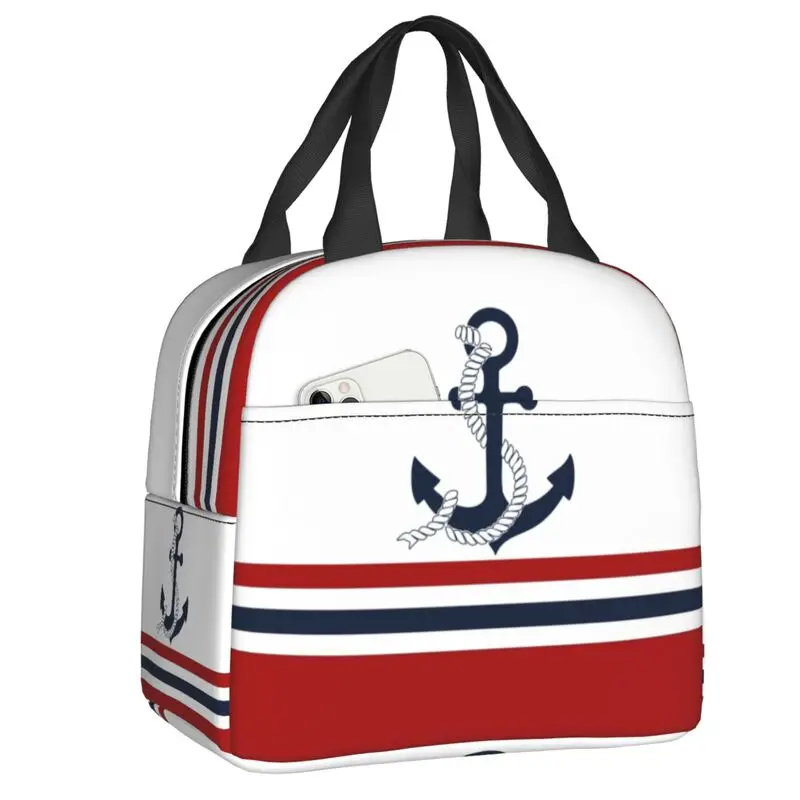 

Nautical Anchors With Stripes Insulated Lunch Bag for Outdoor Picnic Thermal Cooler Lunch Box Women Kids Food Container Tote Bag