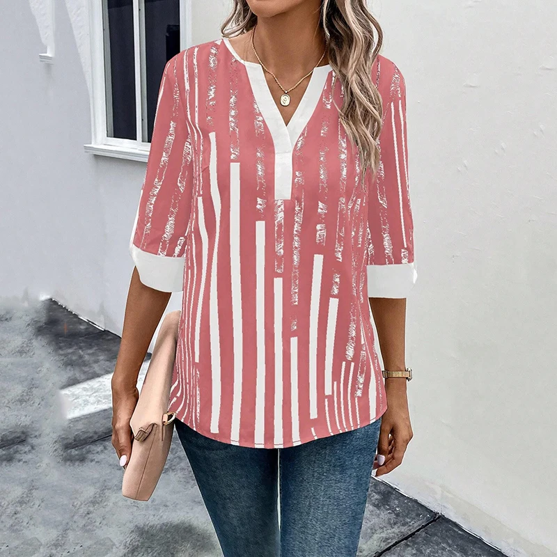 

Рубашка женская однотонная с геометрическим принтом, Модный повседневный элегантный приталенный пуловер с V-образным вырезом и рукавом до локтя, блузка на весну-лето