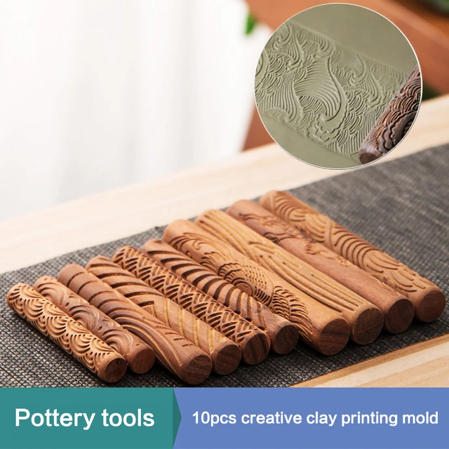 Wood Hand Rollers For Clay Stamp Clay Pattern Roller Ceramic Tools Carved  Texture Printing Mud Roll