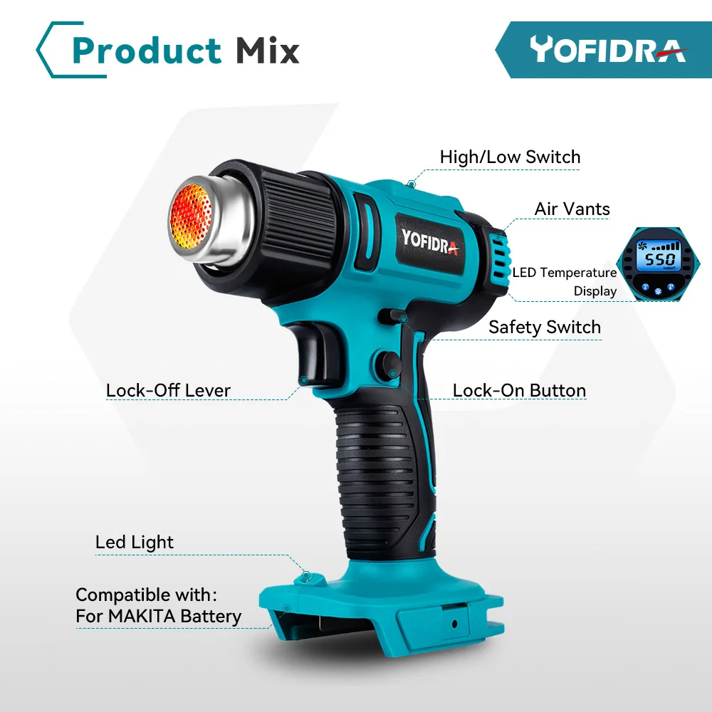 Yofidra 2500W Electric Hot Air Gun 6 Gears Adjustable LED Temperature Display Cordless Household Tools For makita 18V Battery