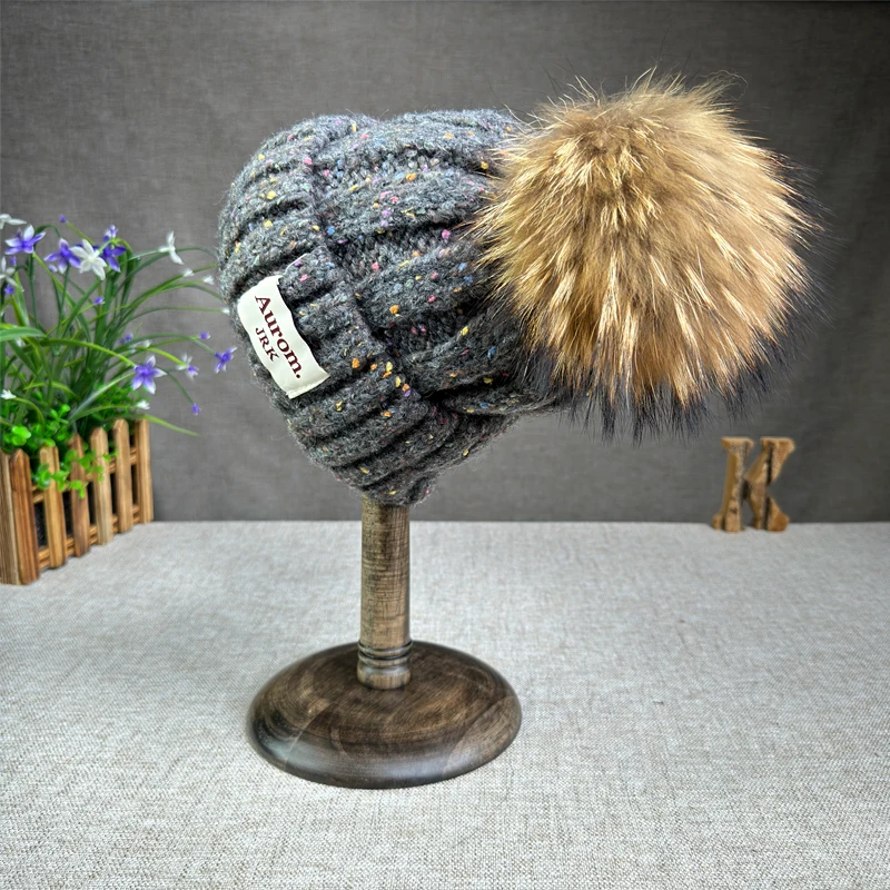 2024 New Fashion Natural fur pompom hat for women High quality mix-Color Travel Beanies Winter Hats for women Warm Female beanie 4