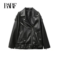 RARF 2023 New Women's motorcycle leather PU imitation leather loose jacket black jacket