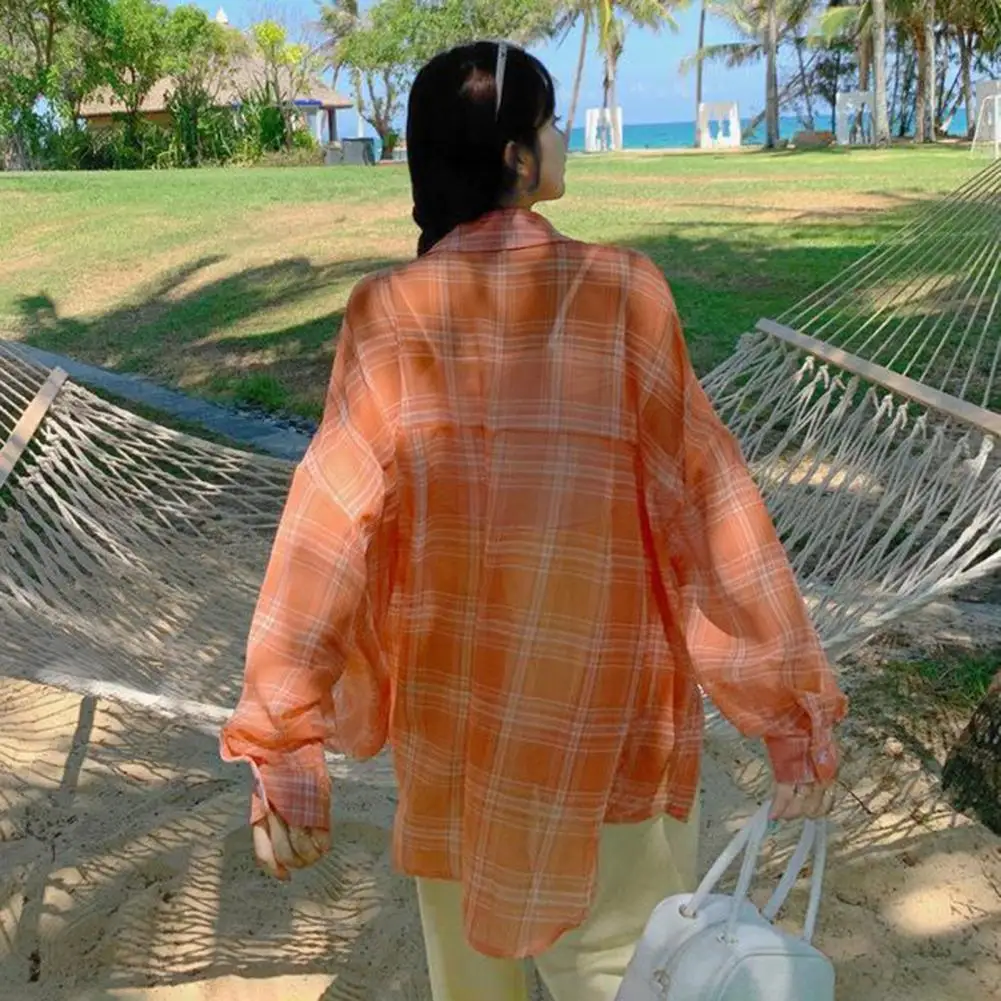 

Элегантная клетчатая блузка, женская рубашка в клетку с отворотом и принтом, Стильный однобортный Топ с длинным рукавом для повседневной носки с защитой от солнца