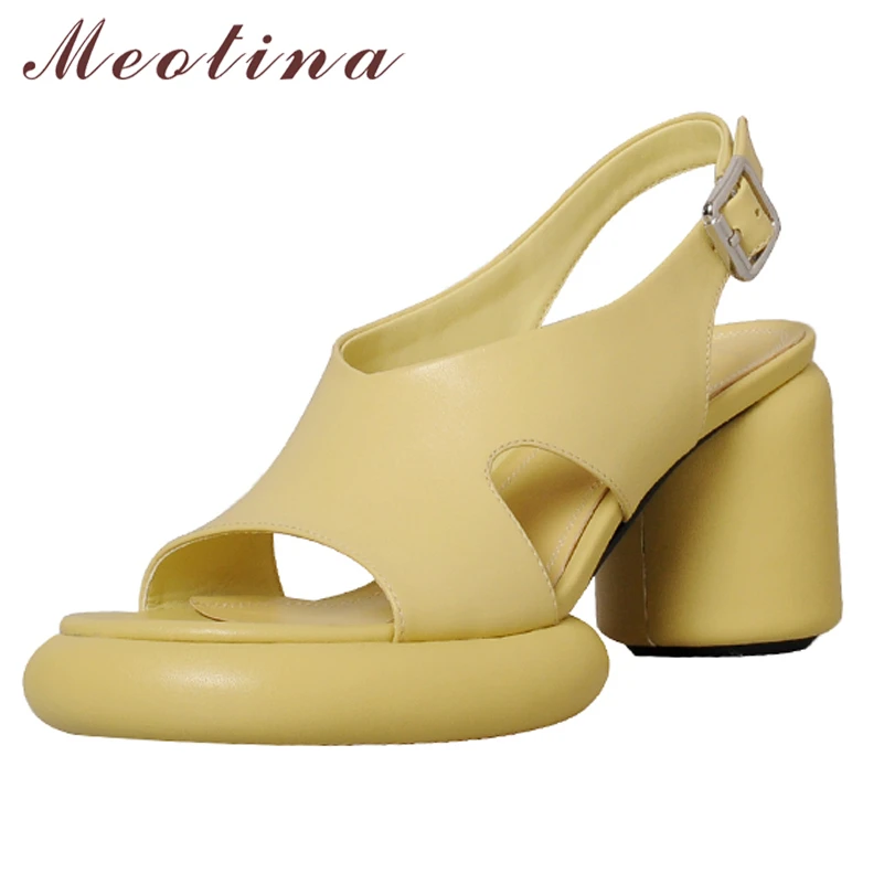 

Meotina Women Genuine Leather Sandals High Heel Platform Shoes Peep Toe Buckle Thick Heels Ladies Footwear Summer Yellow Black
