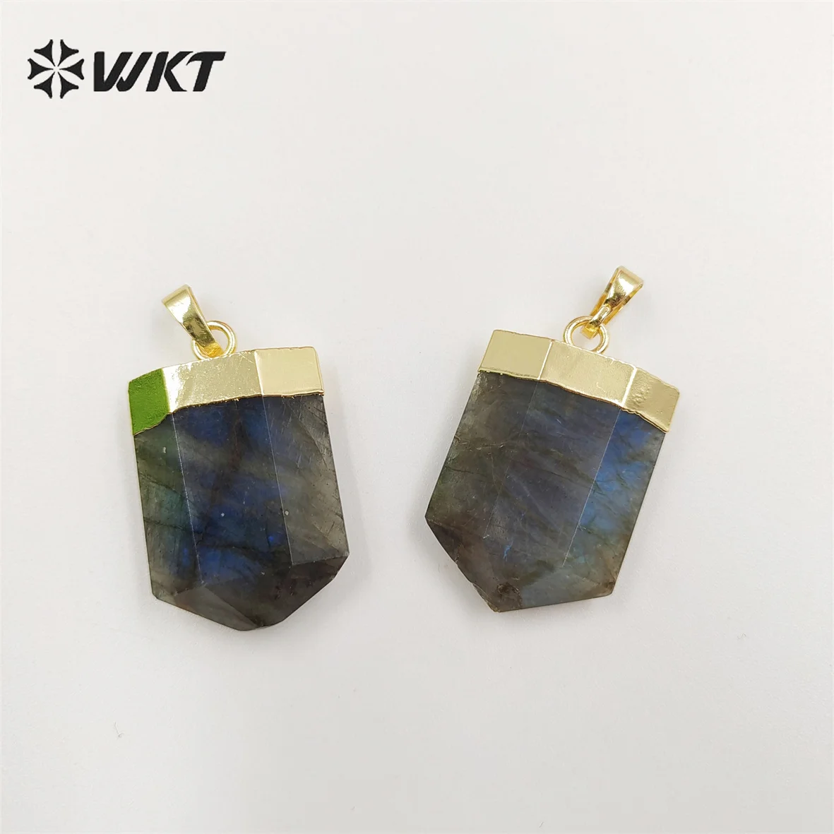 

WT-P1844 WKT newest design double faceted cabchon Hexagon shape Natural Labradorite pendant 18k gold cap flash stone pendant