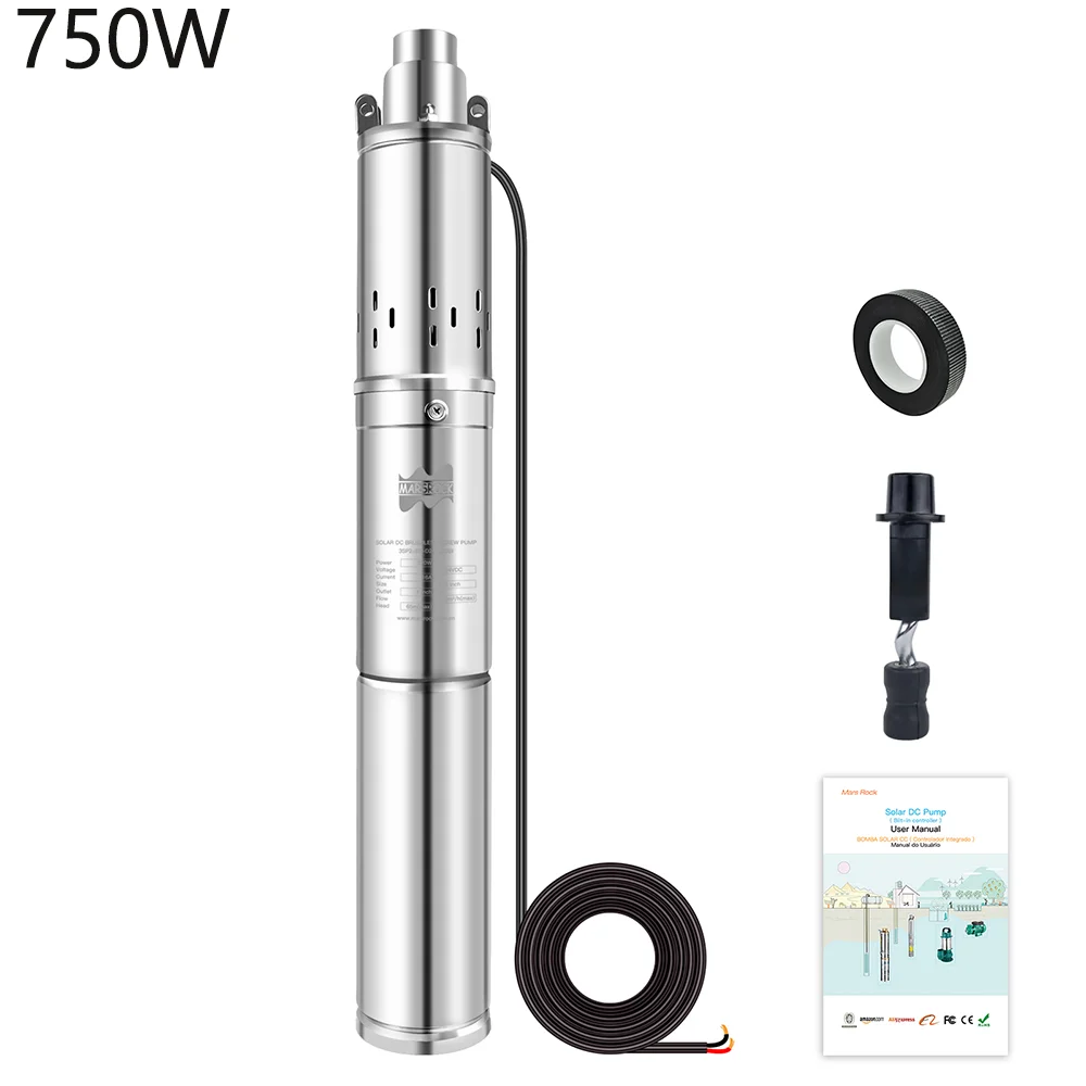 

750W Solar DC Deep Well Pump 48V 60V With Built In Controller Solar Stainless Steel Submersible Pump Flow Max 2T/H