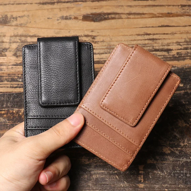 Cow Leather Money Clip Wallet for Men Multi Card Slots Wallet Magnetic Money Clips Credit Card Holder Vintage Cash Clip