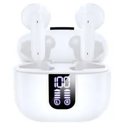 Wireless Bluetooth Earbuds with LED Display & HiFi Sound - Portable White Earphones (WHITE)