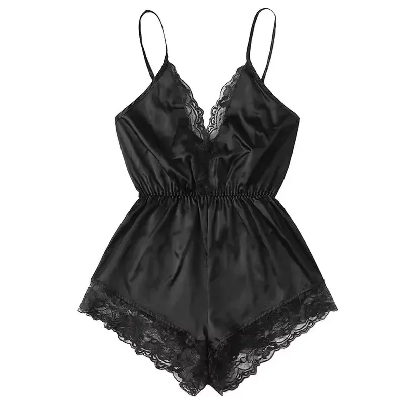 Summer V-Neck Sexy Lace Patchwork Integrated Suspender and Backless women suspender pajamas