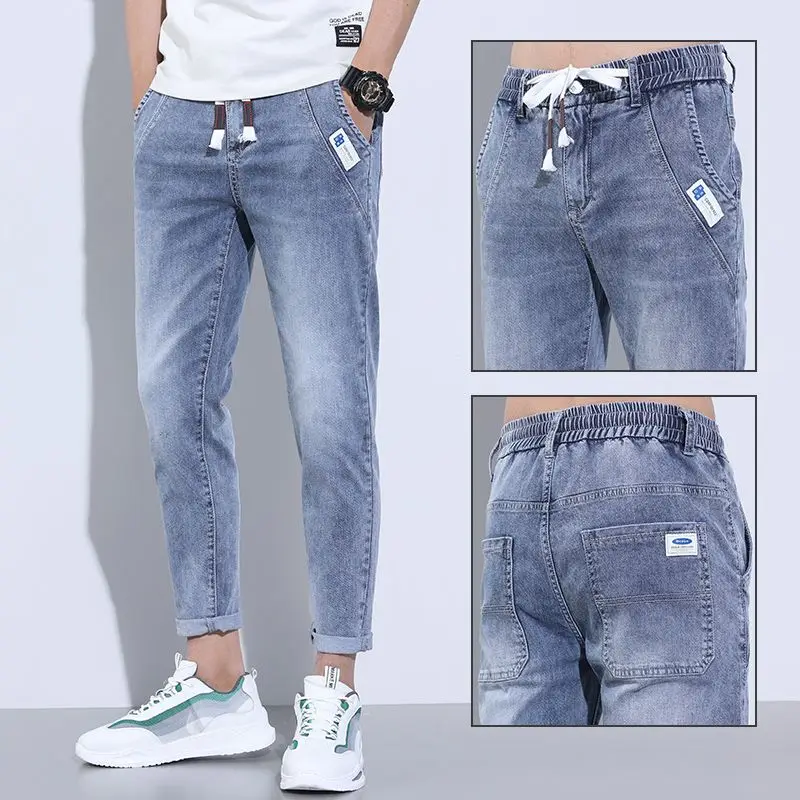 Summer Drawstring Baggy Blue Boyfriend Harajuku Casual Hip Hop Male Cargo Denim Stylish Designer Jogger Cowboy Haren Jeans Pants