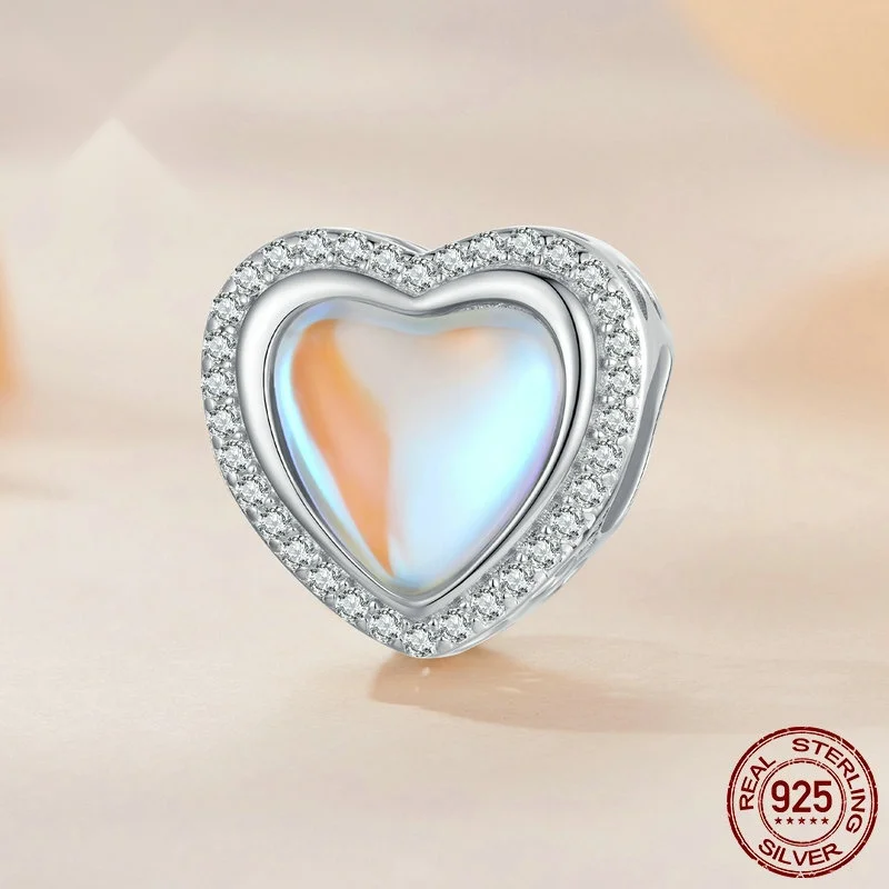 Original S925 Sterling Silver Love Glass Beaded Bracelet Charms Plated With Platinum Zircon Heart-shaped Beads Fit Pan Bracelet