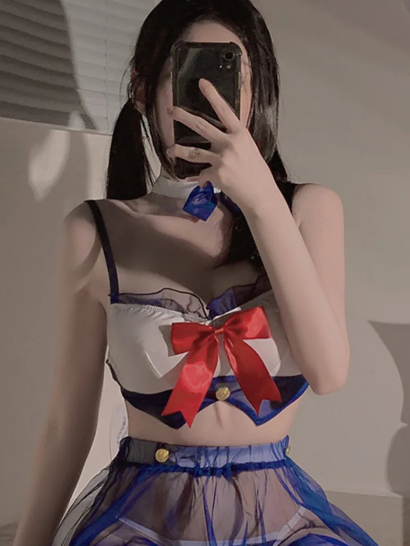 

New Style Sheer Gauze Breathable Design Sense Bowknot Sweet Cute Romantic Erotic Charm Sexy Mesh Short Skirt Set Uniform 2543