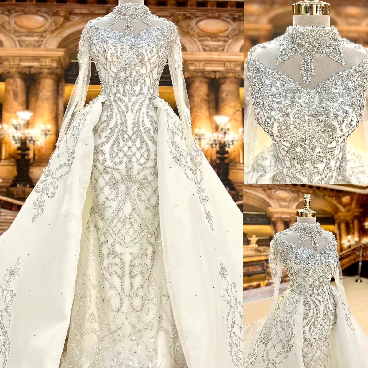 

Luxury Wedding Dresses High Collar Long Sleeves Appliques Lace Ball Bridal Gowns Custom Made Detachable Train Robe De Mariee