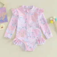 Kids Clothes Girl Swimsuits Cute Floral Print Ruffle Long Sleeves Zipper Bodysuit Beachwear Bathing Suits Baby Swimming Clothing 1