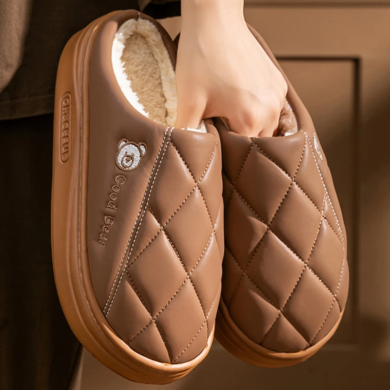 Pu Leather Waterproof Fur Slippers Women Lovely Bear Embroidery Women's Home Slippers Winter 2025 Platform Plush Warm Slides