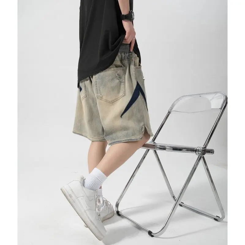 Yellow Mud-colored Old Denim Shorts Men's Washing Trendy American Retro Loose Street Hip-hop Ripped Five-point Pants