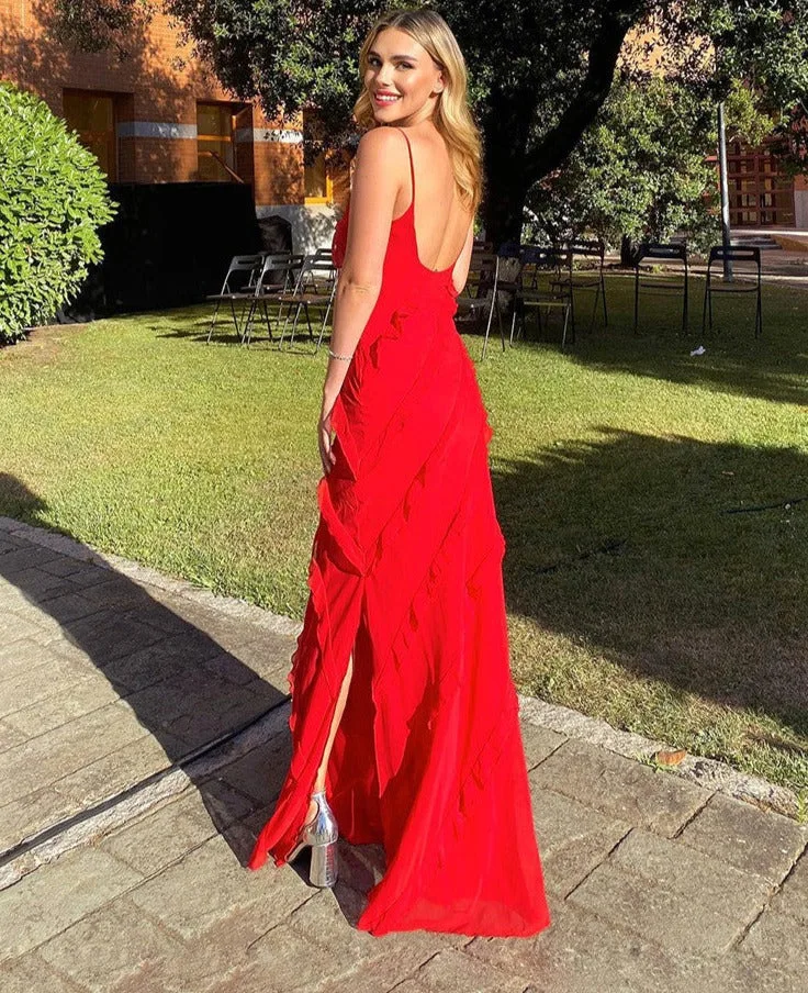 

XUAN Phd Women Elegant Deep V Neck Maxi Sexy Ruffles Backless Party Club Dress 2023 Fashion Ladies Beach Split Sundress Vestidos