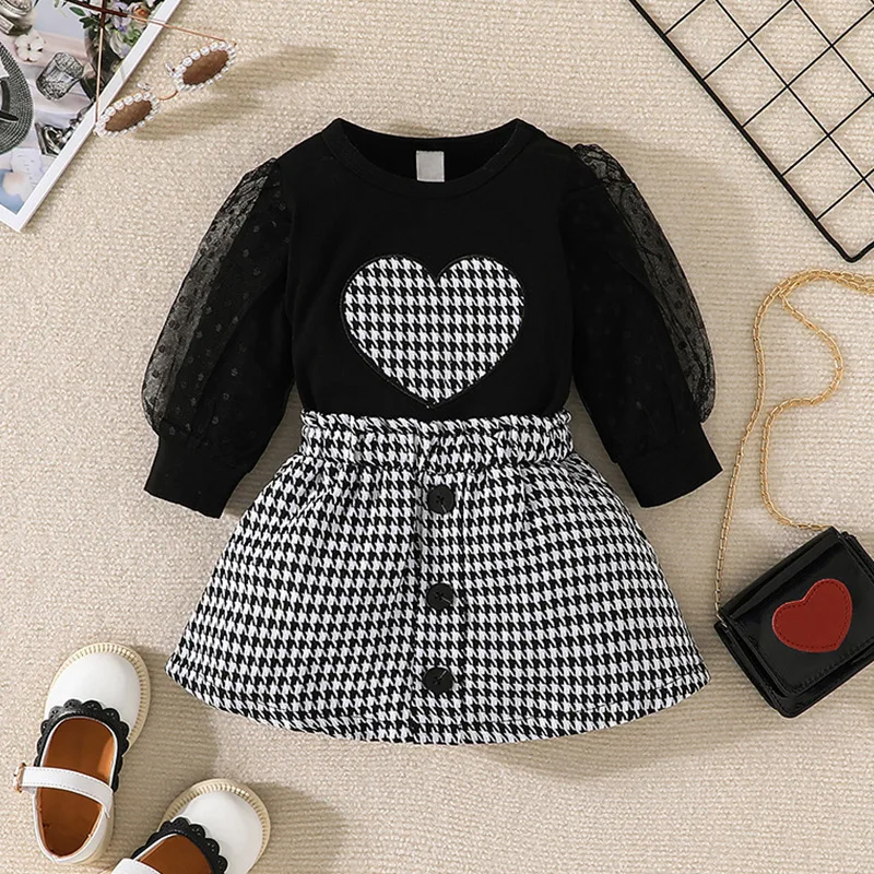 

Baby Long Sleeved Pullover+Half Skirt Two-Piece Set For Girls Cute Love Top Plaid Skirt Set 0-3Y