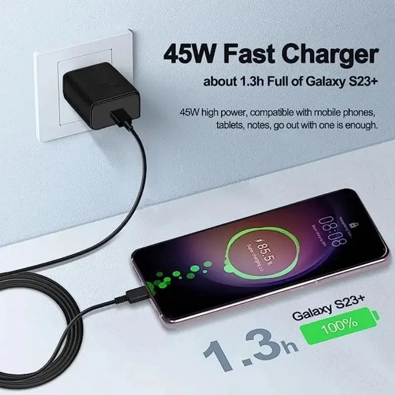 Wall Charger PD 45W USB C Super Fast For Samsung Galaxy S22 S23 S24 Ultra A55 Z Flip5 Fold5 5A Dual Type-C Quick Charging Cable