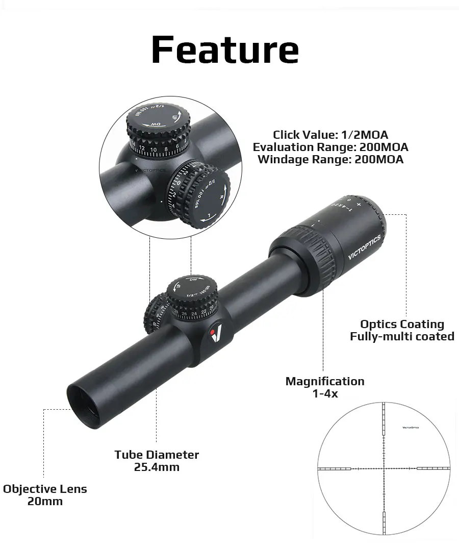 Description Picture 4 of itemVictoptics 1-4x20 Rifle Scope VMD-2 Reticle Riflescope 1/2MOA Optical Sight For Hunting