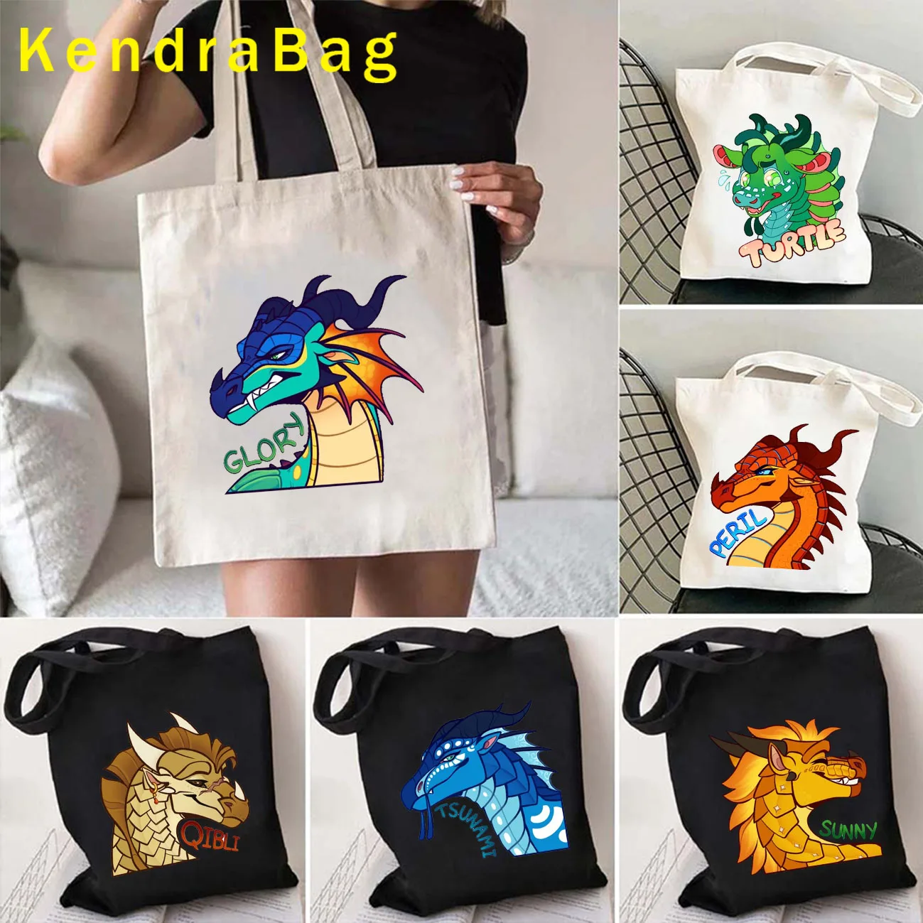 Cute Cartoon Dragons Wings Of Fire Fan Gifts Glory Pericolo Sunny Tsunami Turtle Winter Canvas Shoulder Tote Bag Eco Cotton Handbag