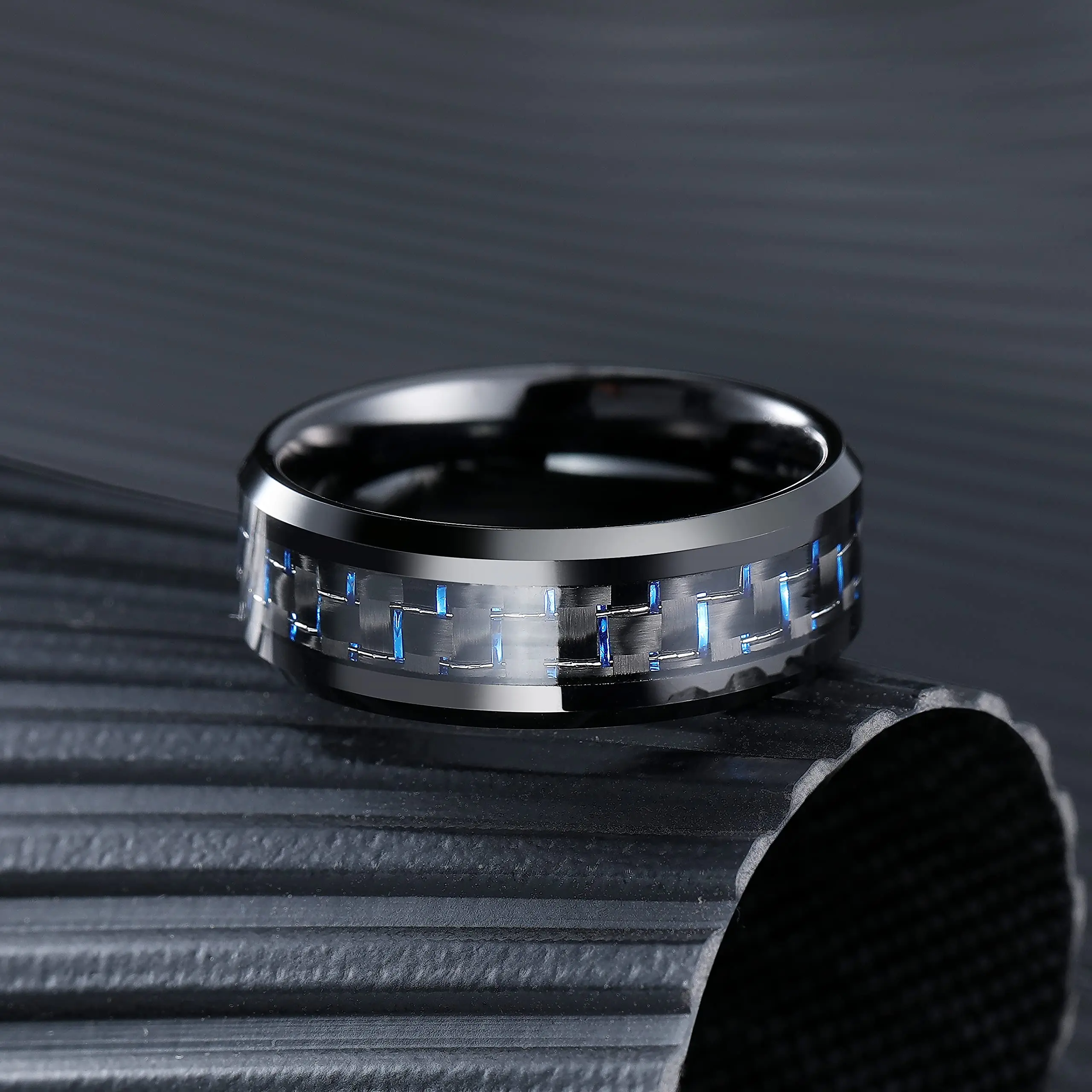 Timeless Titanium Stainless Steel Ring with Black and Blue Carbon Fiber Inlay – Elegant Men's Wedding Band and Gift Accessory