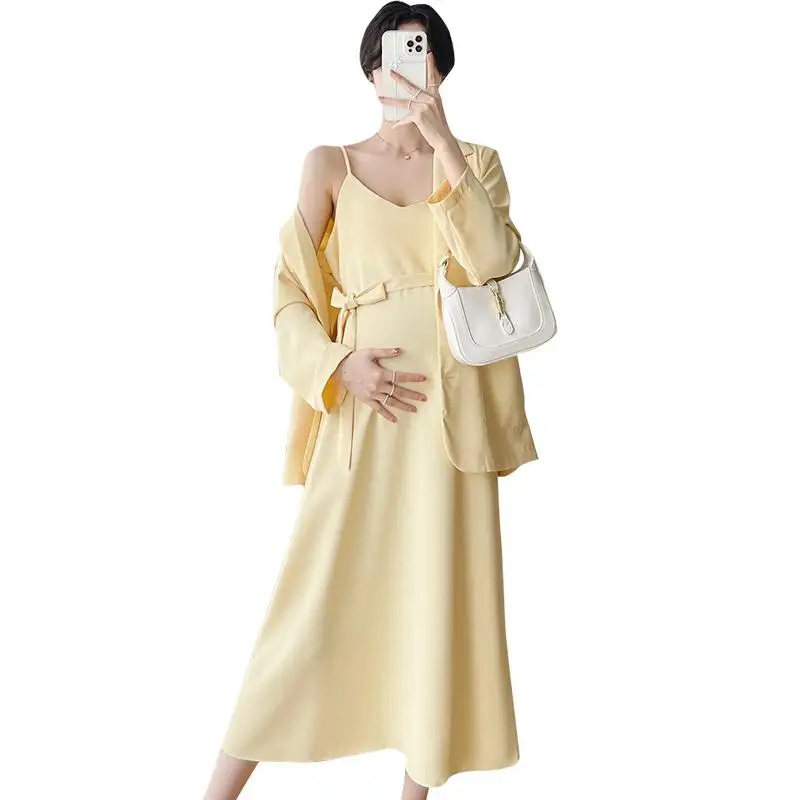 Autumn Pregnant Women's 2pcs Suits Set Office Lady Elegant Clothes Set Long Sleeve Blazers Strap Dress Twinset Green Yellow