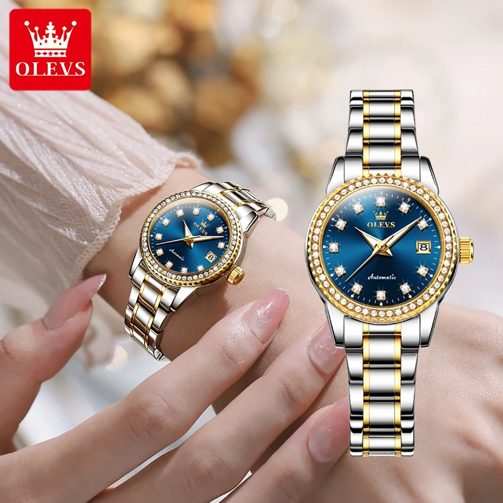 OLEVS 2024 New Luxury Diamond Dial Mechanical Watch for Women Fashion Elegant Ladies Dress Bracelet Automatic Wristwatches Women