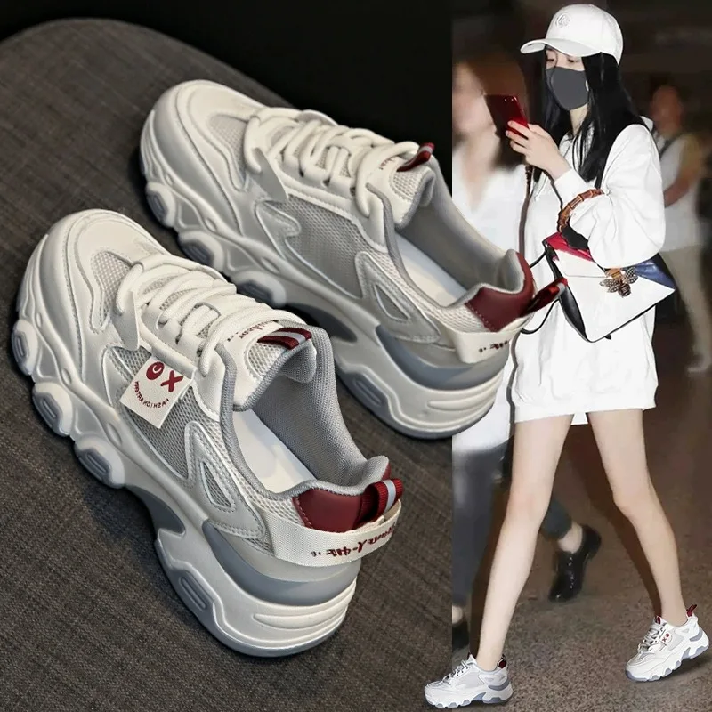 

Женская весенне-осенняя легкая повседневная обувь на толстой подошве поп-обувь 2023, универсальные дышащие сетчатые спортивные кроссовки для бега