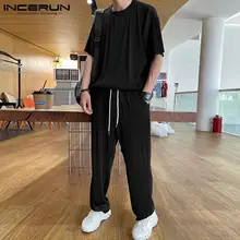

INCERUN Handsome Well Fitting Men's Hot Sale Sets Fashion All-match Simple Pleated Short-sleeved Trousers Two-piece Suits S-5XL