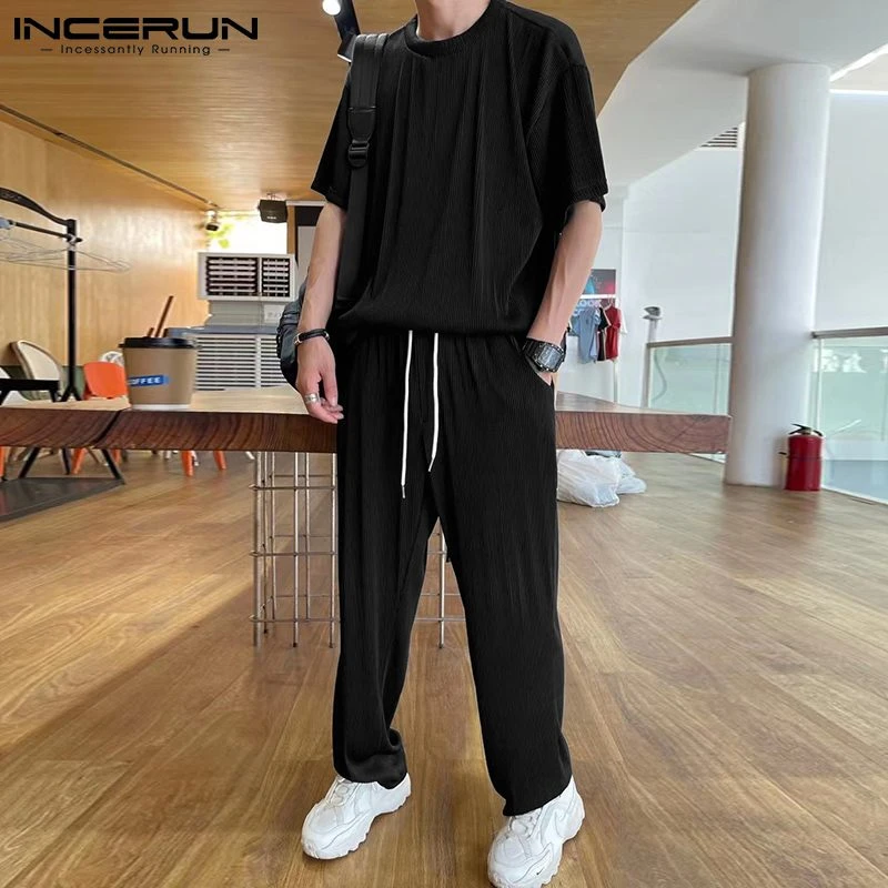 Inerun 男性用のエレガントなタイトなスーツ ファッショナブルなシングルプリーツファッションセット 半袖と2ピースのスーツ S 5xl メンズセット Aliexpress