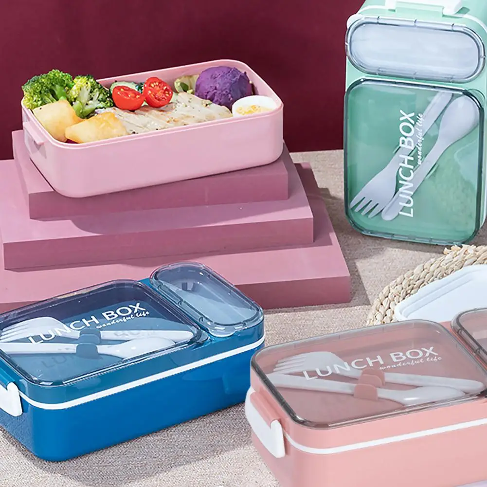 1set 800ml Three Grid Plastic Lunch Box With Bag & Utensils