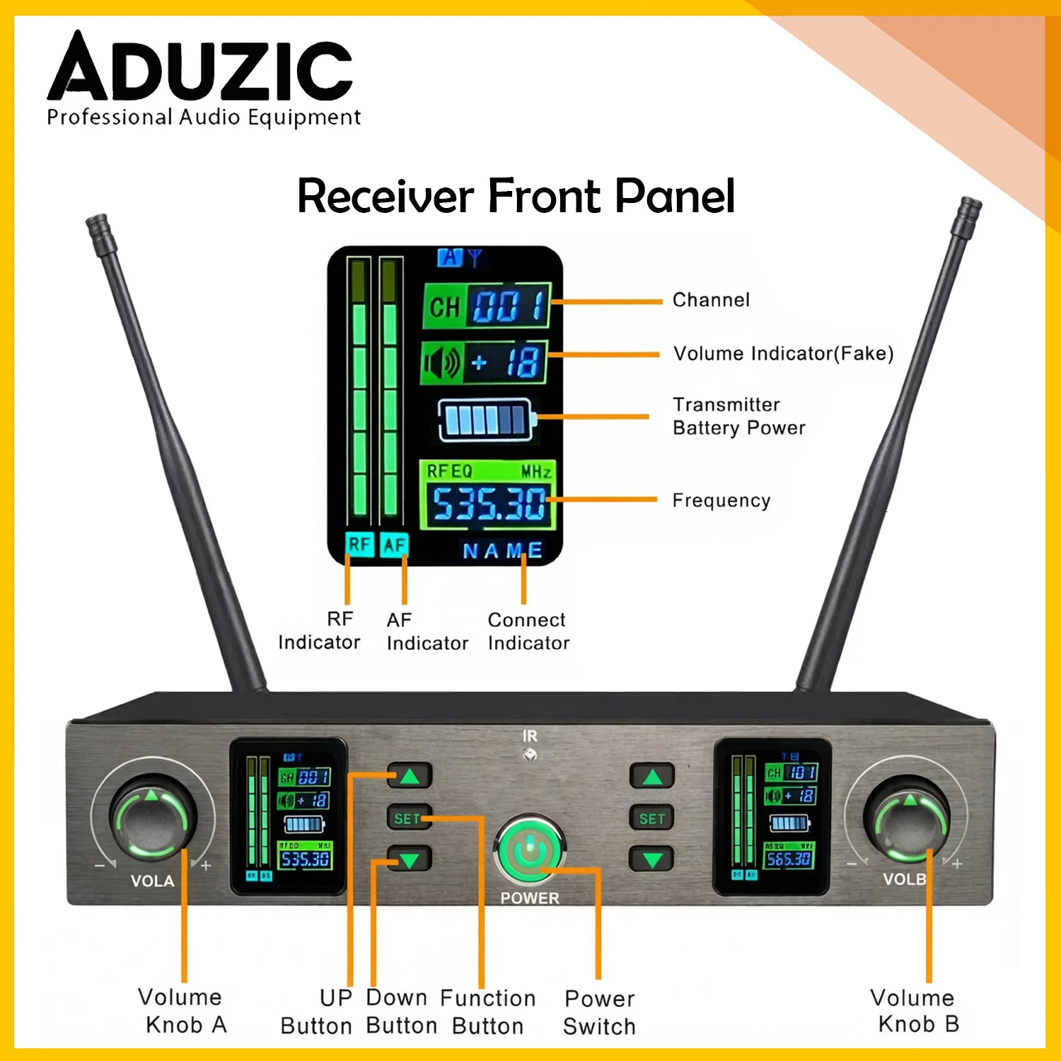 Aduzic G24 2.4G 무선 마이크 2412-2484MHz 2채널 핸드헬드 마이크 40미터 안정적인 신호 카라오케 파티 연설을 위한 선명한 사운드