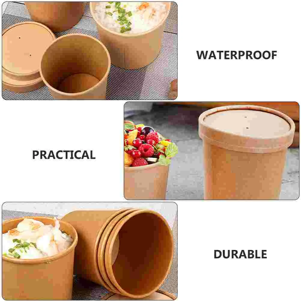 10Sets Disposable Kraft Soup Cups Pulp PECoated Mini Paper Meal Containers Lid PorridgeSoupIceCream LightweightPortableReusable