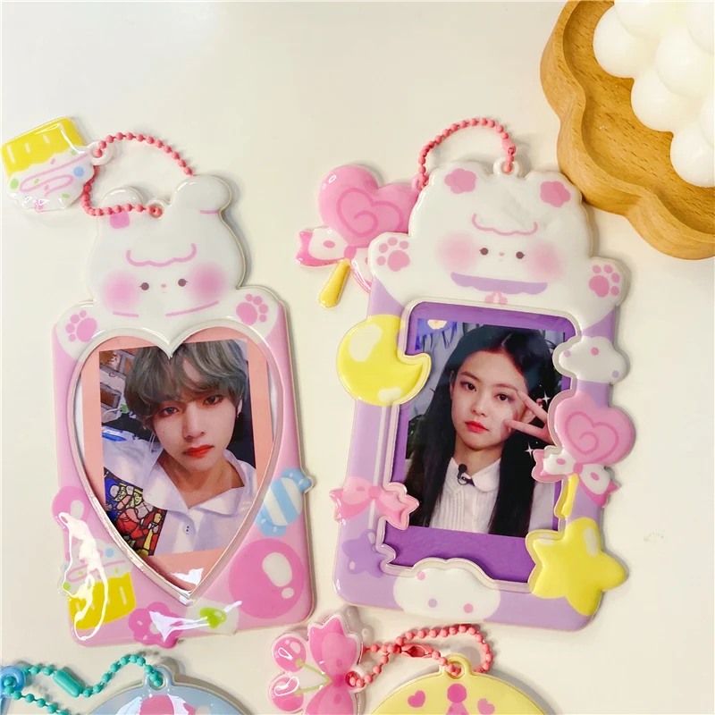 Kpop Kawaii Photocard Collect Holder with Pendant Rabbit Bear Credit ID Bank Bus Photo Card Protective Sleeve Student Stationery