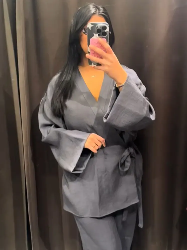 HH Women Casual Pajama Style Blouse Pant Sets Long Sleeve Bow Lace Up Shirts Elastic Waist Trousers Female Grey Outfits