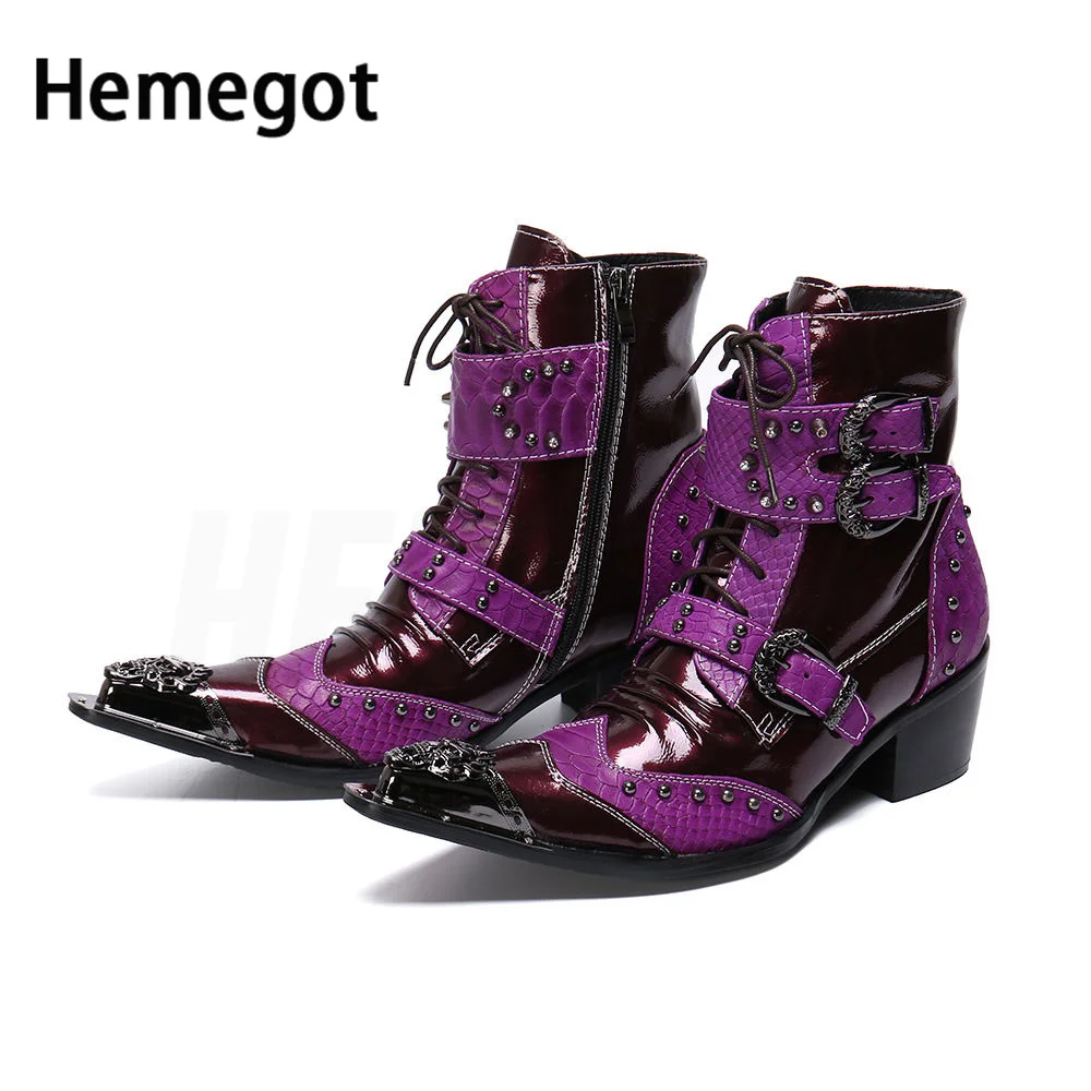 

Men Fuchsia Pointed Toe Side Zipper 6.5 High-Heeled Mid-Tube Boots Stage Performance Trend Men's Leather Boots Men Boots